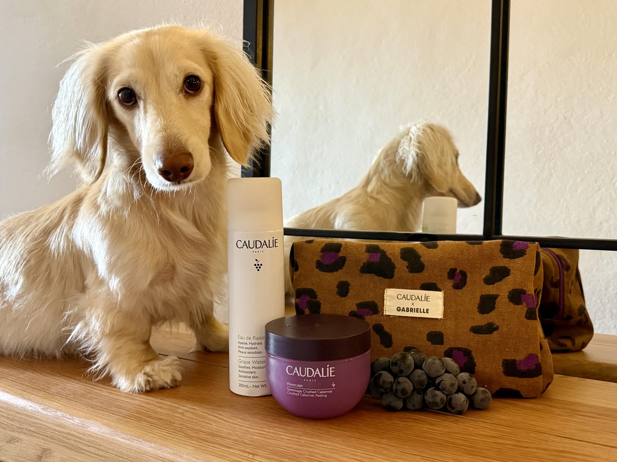 Caudalie Grape Water and Vinosculpt Crushed Cabernet Peeling with Gabrielle vanity, red grape and dachshund Takkie.
