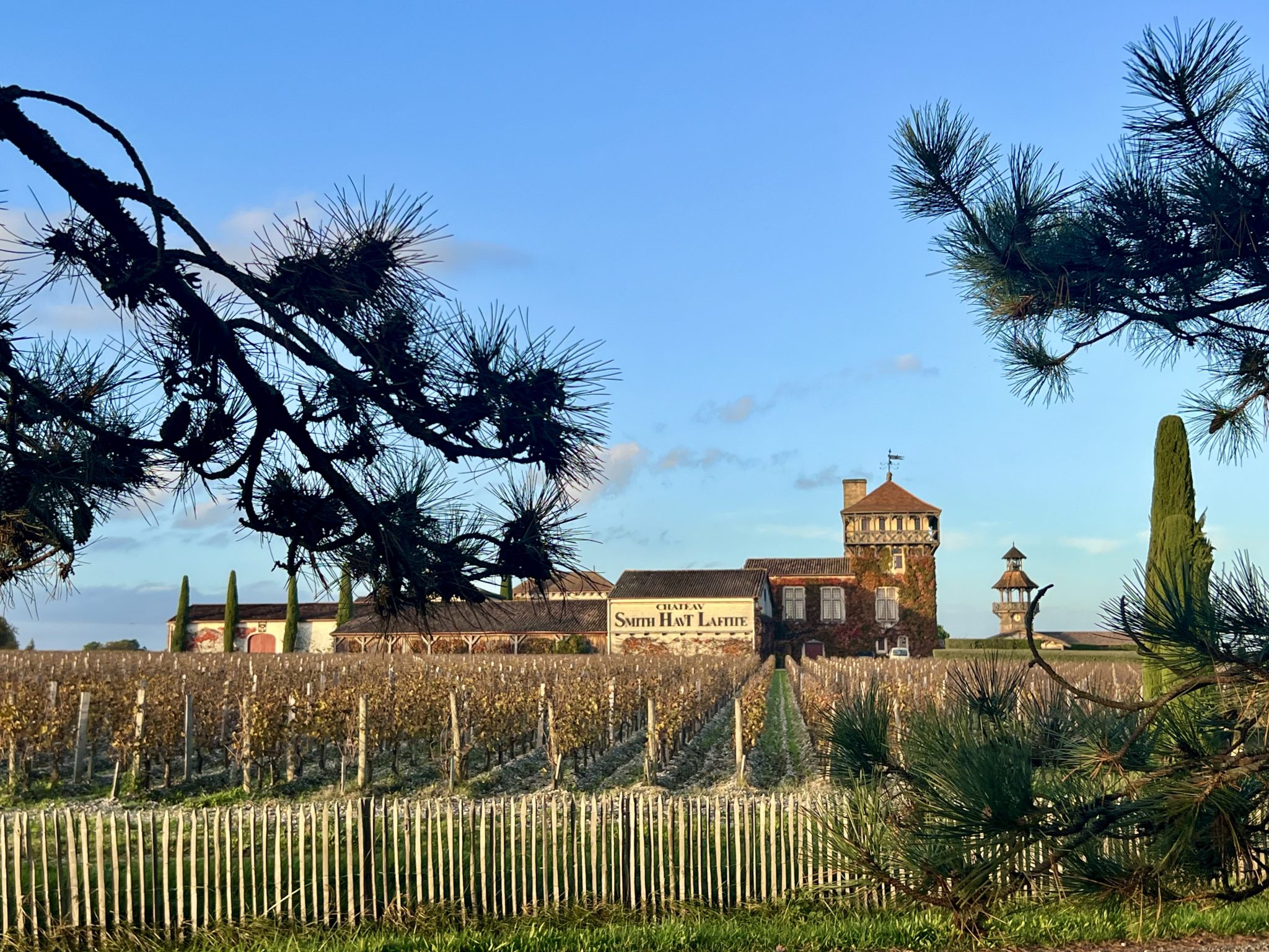 Scenic landscape of vineyards and Château Smith Haut Lafitte at Les Sources de Caudalie, a luxury travel escape in Bordeaux.