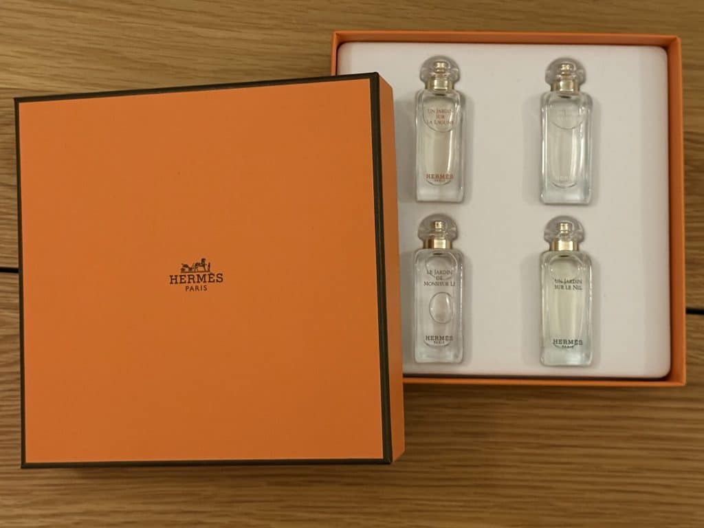Hermes Parfums-Jardins Discovery set in signature orange box with from luxury fragrances